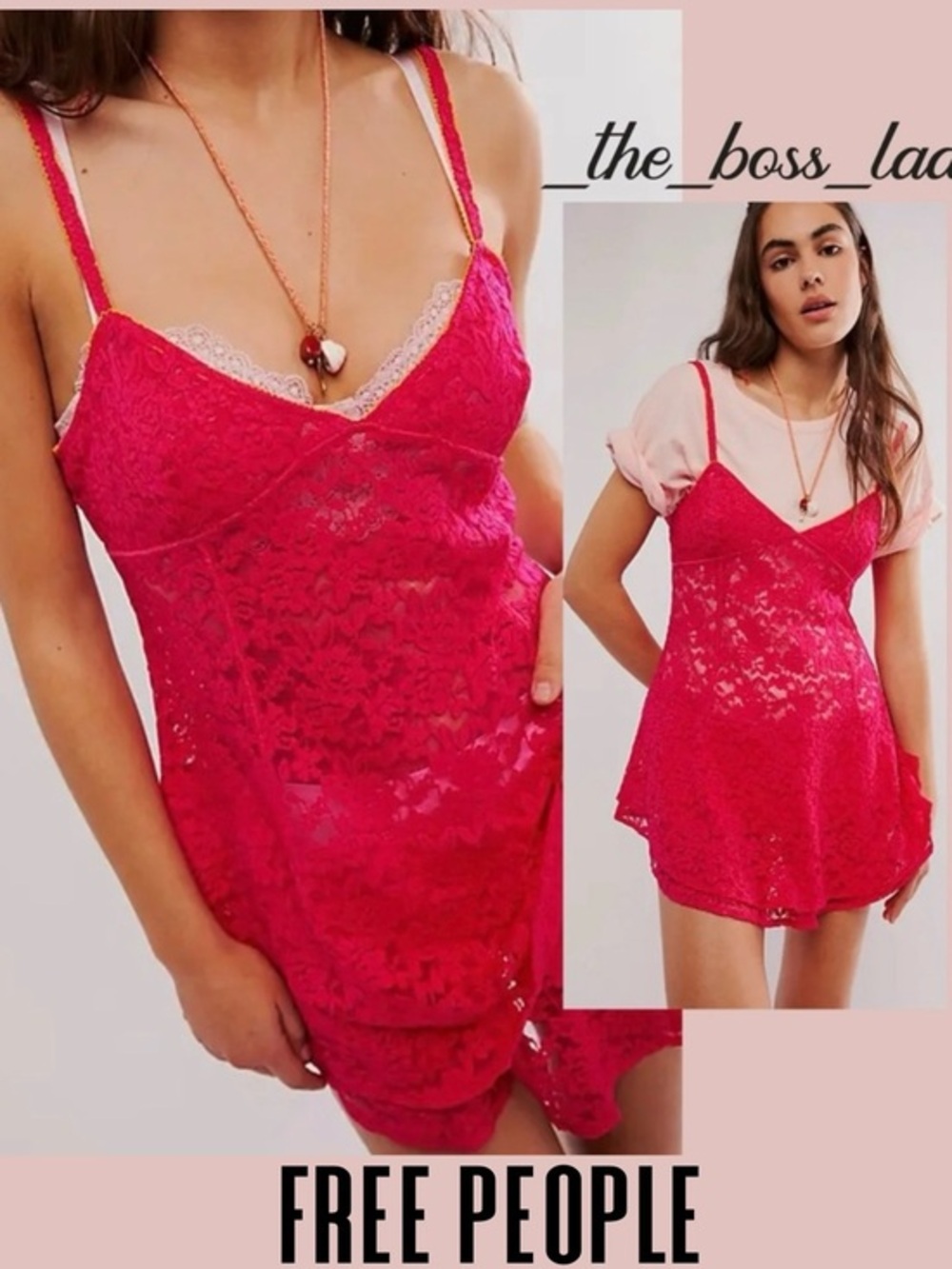 Free People mini dress or tunic floral lace slip XS hot pink